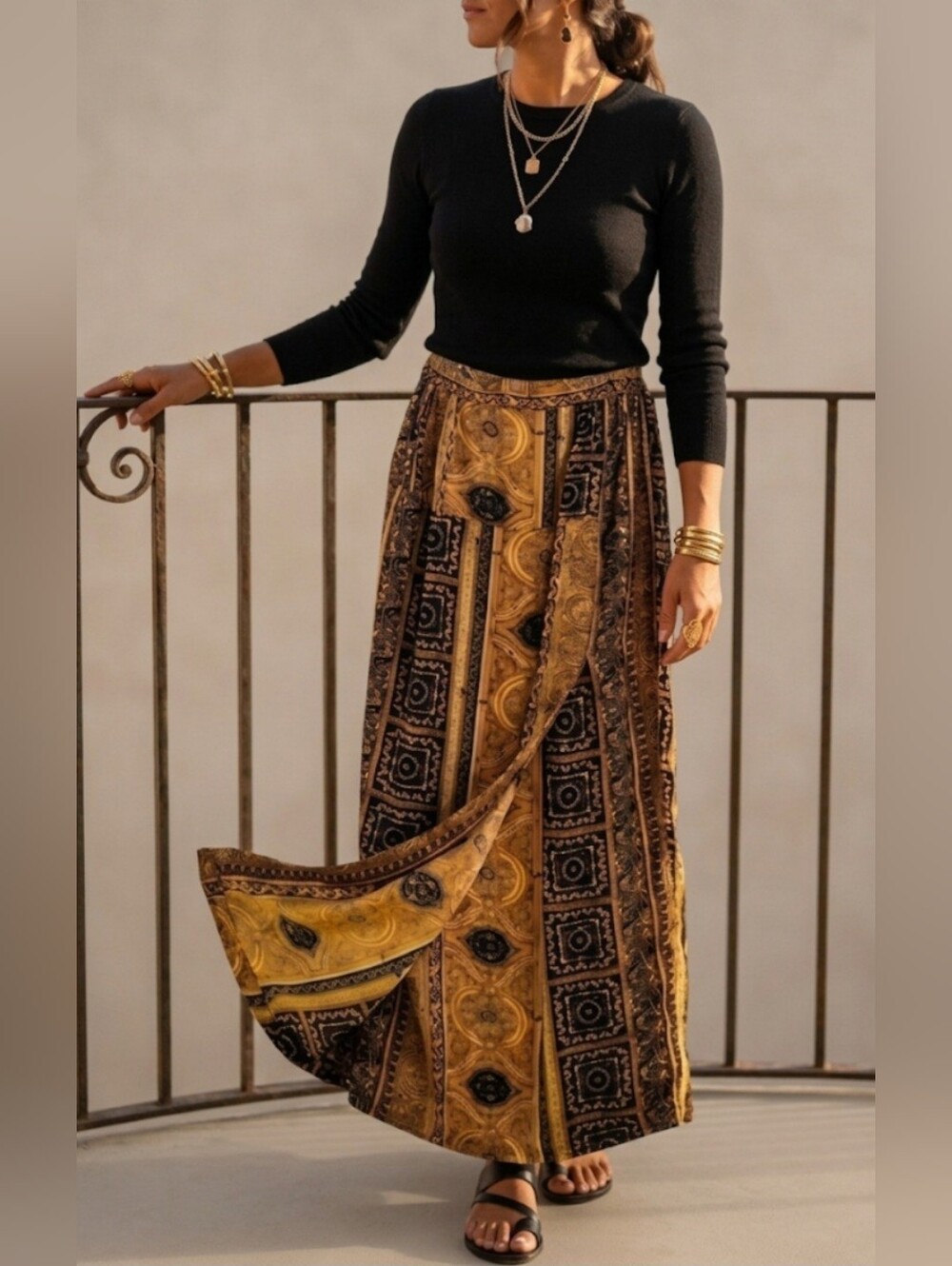100% Silk Baroque-style Wrap-front Midi Skirt / Sz XS / Mustard-gold, Black